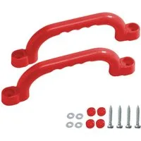 Wickey Spielturm-Erweiterung Handgriffe-Set – 2 Kunststoffgriffe für Spieltürme & Schaukeln, (Komplettset Inkl. 4x Schrauben, 4x Unterlegscheiben, 4x rote Abdeckkappen, Ergonomische Fingerform – ideal für kleine Kinderhände), WETTERFEST & UV-BESTÄNDI