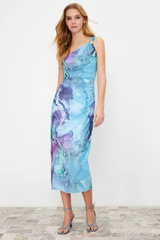 Abstraktes Midi-Kleid für Damen mit One-Shoulder-Ausschnitt, lässig, figurbetont