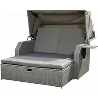 Feel2Home Gartenliege Polyrattan Sonnenliege mit Dach und Fußbank, 2-Sitzer Relaxliege, Sonnenliege und Fußbank inkl. Kissen, Sonnendach, Seitentisch, Doppel-Sonnenliege mit Sonnendach, Fußbank und klappbarem Tisch