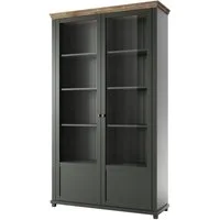 Lomadox Vitrine EPSOM-83 grün Landhaus mit Lefkas Eiche Nb. Knopfgriffe Messing 126/200/42 cm