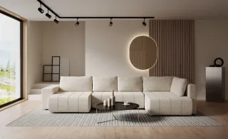 Wohnlandschaft Schlafsofa ARMANDA in Stoff Blur Creme langer Schenkel Rechts