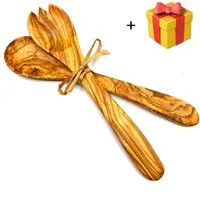 Olivenholz-erleben Salatbesteck Salatbesteck mittel mit Bastband (Set, 2-tlg., 1x Salatlöffel, 1x Salatgabel), Stilvoll Salate servieren – ein echter Blickfang auf dem Tisch.