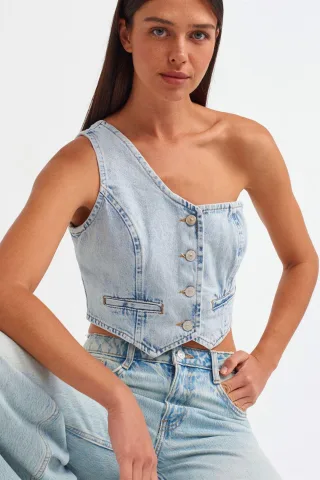 Taillierte Baumwoll-Denim-Top-Bluse