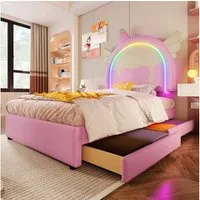 MODFU Kinderbett Polsterbett mit Einhorn-Design (Cartoon-Bett mit LED-Leuchtleiste, 90*200cm), ohne Matratze