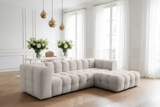Ecksofa Designersofa SOLVIE in Stoff Moly Creme Ottomane Rechts