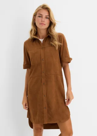 bonprix Hemdblusenkleid in Velourslederimitat, braun, Gr.44, Modernes Hemdblusenkleid in Velourslederimitat mit Taschendetails