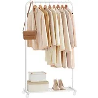 SONGMICS Kleiderständer Kleiderstange auf Rollen, Garderobenständer 74 cm breit, Rollgarderobe mit Gitterablage, bis 35 kg belastbar, 2 Rollen