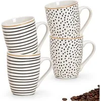 matches21 HOME & HOBBY Tasse Kaffeetassen 4er Set Streifen & Punkte Goldrand gestreift, 4-tlg., Porzellan, Tee Kaffee-Becher, modern, schwarz weiss gepunktet, 300 ml