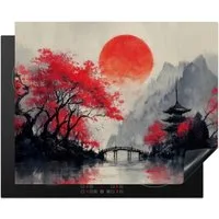 MuchoWow Herd-Abdeckplatte Rote Sonne - Fluss - Brücke - Bäume, Vinyl, (1 tlg), Herdabdeckplatten für Ceranfeld, Induktionsschutz, 65x55 cm