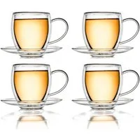 Creano Teeglas Thermotasse bauchig mit Untersetzer 250ml, 4er Set, 8-tlg., Borosilikatglas, Mit Untertasse und Henkel