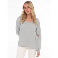 Zwillingsherz Sweatshirt "Positive Mind" ausgefranster V-Ausschnitt, Used Look, Langarm, Schriftzug