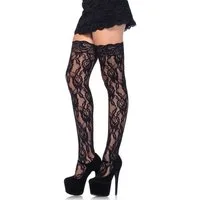Leg Avenue Halterlose Strümpfe Halterlose Spitzen-Strümpfe mit Rosen-Muster - schwarz (1-Paar) transparent