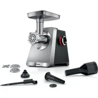 BOSCH Fleischwolf Serie 8 MFWS820M, bis zu 4,5 kg Fleisch pro Min., spülmaschinenfest, 800 W, Edelstahl, 10-Jahre Motorgarantie, mit drei Lochscheiben, 2.500 W