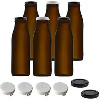 mikken Milchbehälter 6x Milchflasche 500 ml braun mit Schraubdeckel und Frischhaltedeckel, 0,5 Liter, inklusive Etiketten