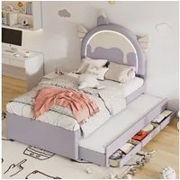 TavilaEcon Kinderbett Cartoon Einhornform Kinderbett Familienbett Jugendbett, PU, ausgestattet mit ausziehbares Rollbett, 90x200cm/90x190cm