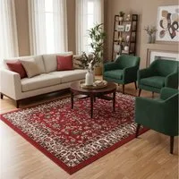 Vimoda Orientteppich Klassischer Teppich Kurzflor in Grün, Beige, Rot & Grau, Rechteckig, Höhe: 6 mm, Kunstvollem Klassik Muster Blumen GRÜN, Braun & Schwarz