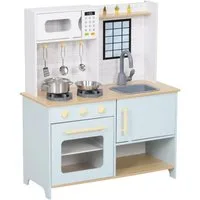 AIYAPLAY Spielküche Kinderküche mit Mikrowelle, Spielzeugküche mit Stauraum MDF, Edelstahl, für 3+ Jahre Kinder, Blau