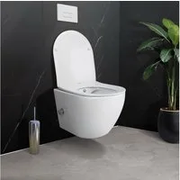 Belvit Dusch-WC Toilette mit integriertem Bidet, mit Warm- & Kaltwasser, ohne Spülrand, WC ohne Deckel, mit Anschlussmaterial und Edelstahl-Verschlauchung, robuste Keramik