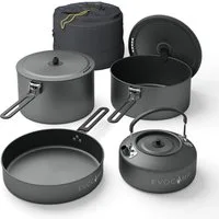 EVOCAMP Topf-Set Camping Kochgeschirr Set 4-teilig aus Aluminium für Camping & Outdoor, Aluminium (hartanodisiert), leichtes stapelbares Camping Geschirr mit Klappgriffen und Tasche