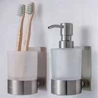 Dolvhin Seifenspender und Zahnputzbecher Set, Glas Handseifenspender & Zahnbecher, (Seifenspender Set inkl. extra starkem 3M Klebestreifen), 250ml Milchglas & herausnehmbarer Zahnbecher Trennfach