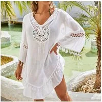 MOPUEA Blusenkleid Weiße Strandtunika mit Häkelmuster und Fransen, Einheitsgröße, luftig (1-tlg) gehäkelte Strandkleid Sommer
