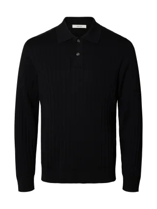 selected men - SLMTORINO LS KNIT RIB POLO NOOS Black - Gr. - L