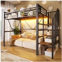 Flieks Hochbett Metallbett 90x200cm mit Gitterregal, LED-Lichtleiste, Stauraumtreppe