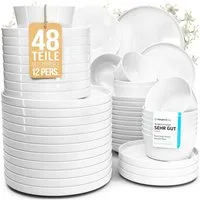 PURE LIVING INTERIOR DESIGN Geschirr-Set Pure Living »Crystal« (48-tlg), 12 Personen, Porzellan Weiß, 12 Personen, Porzellan, Zeitloses minimalistisches Design, Reines Weiß – elegant & schlicht, …
