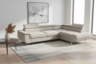 Ecksofa mit Schlaffunktion PLATO Sofa in Stoff Onega Beige Ottomane Rechts