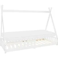 ML-DESIGN Spielbett Hausbett Tipi Zeltbett inkl. Lattenrost Bodenbett Kinder Himmelbett, Abenteuerbett mit Rausfallschutz Zelt Bett Kiefer Weiß Kinderhaus