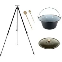 Grillplanet Schwenkgrill Gulaschkessel 15 Liter Dreibein 180cm Deckel und 2 x Kochlöffel, Komplett Set