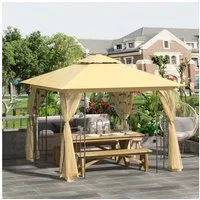 Outsunny Pavillon Partyzelt mit 4 Moskitonetz, Doppeldach, mit 4 Seitenteilen, (Gartenzelt, Pavillon), für Garten, Terrasse, Balkon, Beige