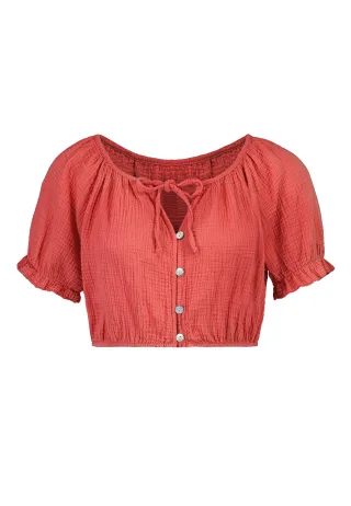 Authentic Style - DOB Bluse, garment dye, kurzarm, weiter Rundhals, Piping an Halsausschnitt +Schleife, Gummiraffu... rot - Gr. - L/XL