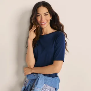 Supima-Shirt aus Baumwolle mit U-Boot-Ausschnitt, Damen,  Blau, Baumwolle, by Lands' End