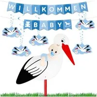 BRUBAKER Girlande Willkommen Baby Girlande + Großer Storch aus Holz für Jungen & Mädchen, Baby Deko Set - Wimpelkette mit Anhängern und Klapperstorch - Deko