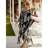 MOPUEA Strandkleid Damen Strandkaftan Boho Strandkleid Sommer Oversize Bikini Cover Up (Strandkaftan Damen Sommerkleid Bikini Cover Up, Luftiger Kaftan mit V Ausschnitt und Boho Print) Leicht Atmungsaktiv Oversize Seitenschlitze Boho Stil