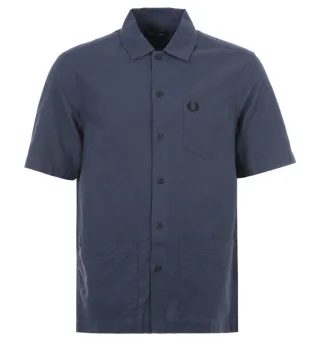 Fred Perry - Chemise Oxford à manches courtes bleu marine avec poche pour homme