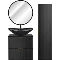 Lomadox Badmöbel-Set ADELAIDE-56-BLACK, (Spar-Set, 3-St), schwarz gerillt 130/200/46,5 cm