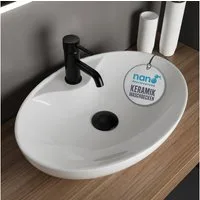 Alpenberger Aufsatzwaschbecken Bad Waschbecken Gäste WC Handwaschbecken Waschschüssel für Waschplätze (Waschbecken 66 cm Breit, Waschschale mit Nano Beschichtung), Ovales Aufsatzwaschbecken mit Hahnloch