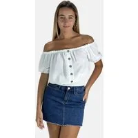 Elara Blusentop — Damen Blusentop One Size mit Carmen-Ausschnitt und Knopfleiste