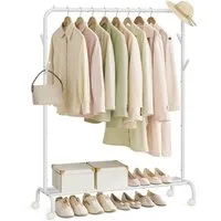SONGMICS Kleiderständer Kleiderstange, Garderobenstange, Garderobenständer, 41 x 103,5 x 155cm, auf Rollen, Stahlrohren, bis 50kg belastbar, multifunktionale, weiß