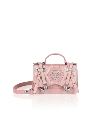Shiny Crackle Leather Belt Handle Bag Small Hexagon