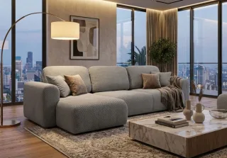 Ecksofa mit Schlaffunktion BRUSK Sofa in Stoff Pop Hellgrau Ottomane Links