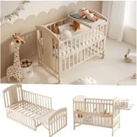 Merax Babybett 60x(120-160)cm, Verlängerbar Gitterbett mit Klappbarem Ablagerack, Höhenverstellbar Kinderbett, Umwandelbar in Nebenbett, Natur