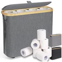 SURFOU Toiletten-Ersatzrollenhalter 28 L Toilettenpapier Aufbewahrungskorb mit Bambusdeckel (Schmaler Badezimmer Organizer für 9–12 Rollen Klopapier – faltbarer Aufbewahrungskorb mit Bambusrahmen, 1-St., Oxford-Gewebe und Deckel, ideal für kleine Räu