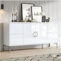 MODFU Sideboard in Hochglanz Weiß mit 4 grifflosen Schubladen (Packung, 1 St., Vielseitig als Esszimmerschrank oder schlichte Kommode nutzbar), 150x59,5x38 cm, stabil auf schlanken Metallstützfüßen