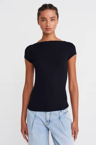 Damen Rippstrick Boot-Ausschnitt Slim Fit T-Shirt