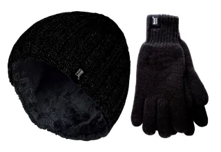 Herren Thermomütze & Handschuh Set für den Winter | Wärmespeicher | Fleece gefüttert - Schwarz