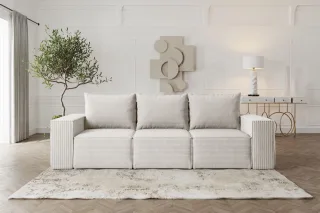 Sofa Designersofa ESTELLE 3-Sitzer mit Schlaffunktion in Stoff Poso Creme