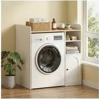 HOMCOM Waschmaschinenumbauschrank mit offenen Ablagefächern, Soft-Close-Tür (Badschrank, 1-St., Überbauschrank für Waschmaschine) für Badezimmer, Toilette, 93,5 x 60 x 100 cm, Weiß und Natur